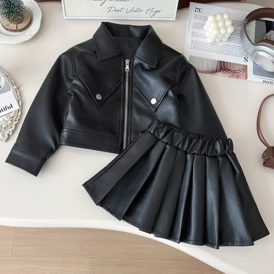 New Korean Girls Small Fragrant Style Temperament Leather Jacket and Skirt