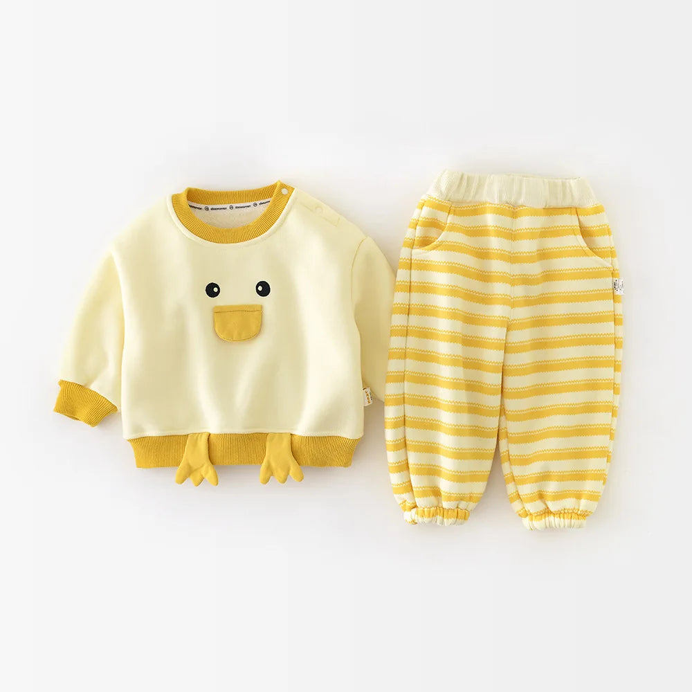 Baby Girls Cute Cartoon Duck Fleece Sweatshirt + Striped Pants