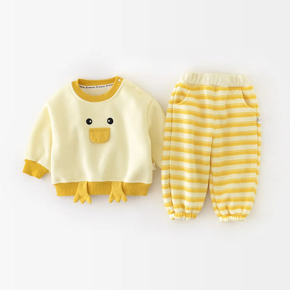 Baby Girls Cute Cartoon Duck Fleece Sweatshirt + Striped Pants