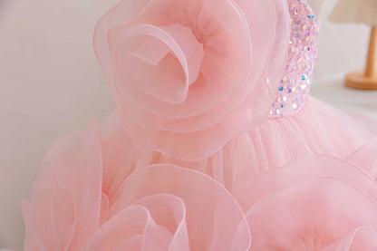Girls Party Dresses Flower Elegant Child Wedding Gown Sequined Big Bow Kids Birthday Ceremonial Frocks