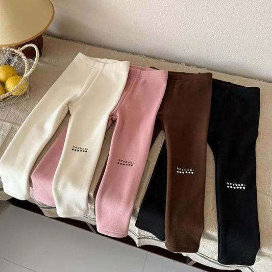 Children Fleece Leggings Letter Print Girls Plus Velvet Thick Elastic Pants