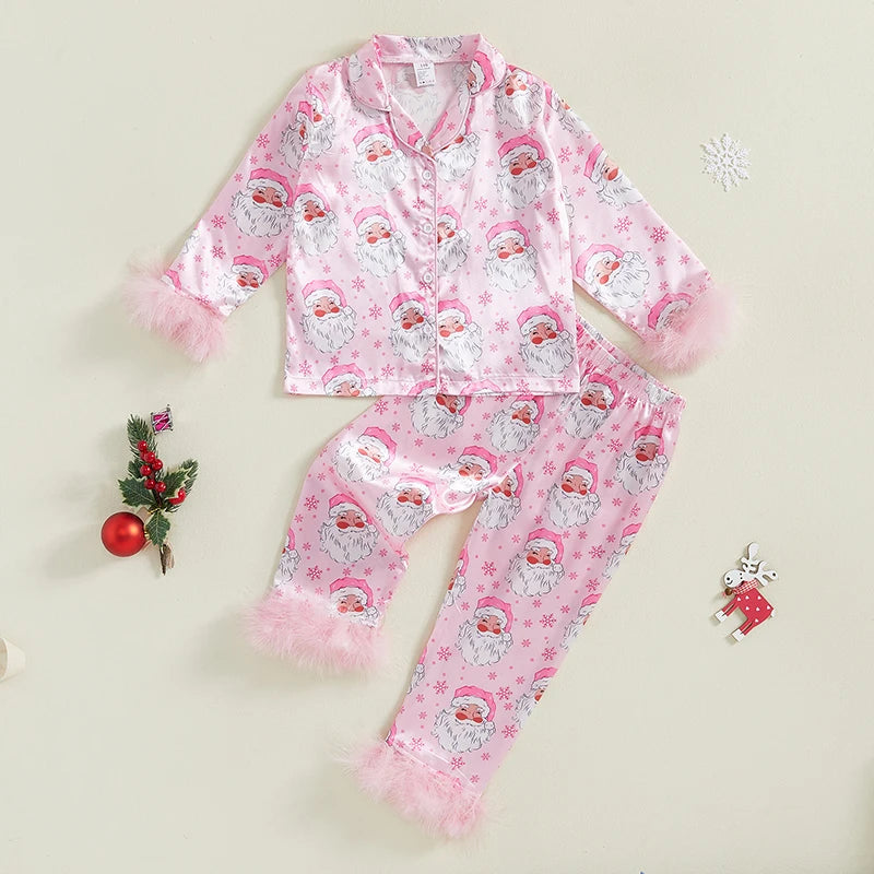 Baby Girl 2Pcs Christmas Pajamas Set Long Sleeve Feather Trim Shirt + Pants