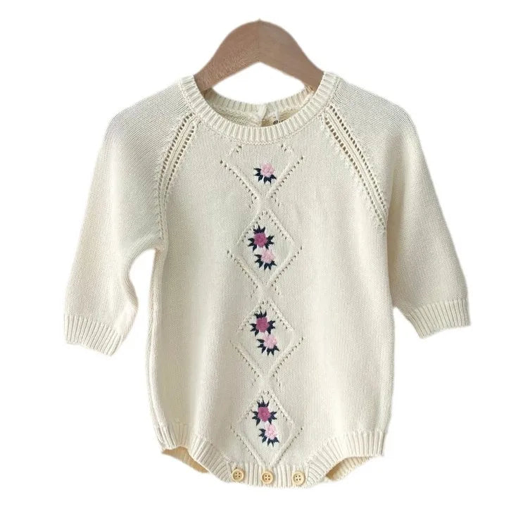 Baby Long Sleeve Knitted Bodysuit Infant Girl Flower Embroidery Sweater Jumpsuit