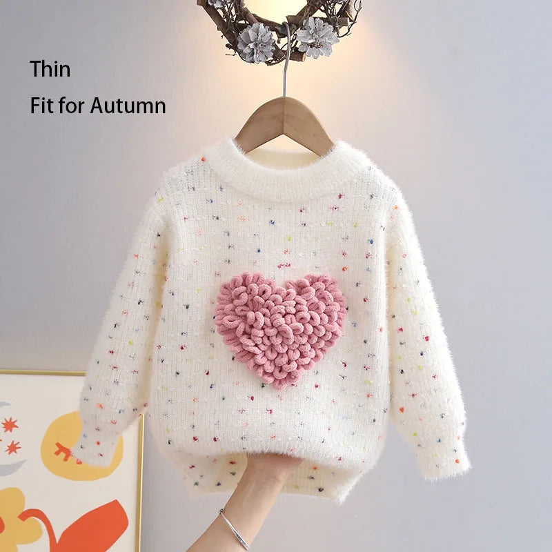 Love Heart O-Neck Pullovers Loose Colorful Spot Sweater Top New Girl Clothes