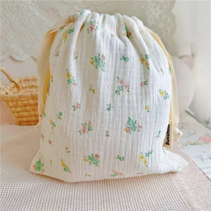 Printed Flower Mommy Bag Baby Diaper Bag Cotton Nappy String Pocket Storage Bag