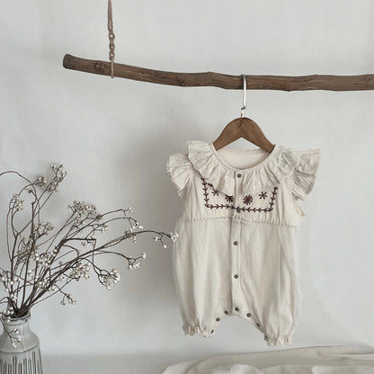 Newborn Girl Embroidery Flower Lace Lapel Jumpsuit Sleeveless Romper