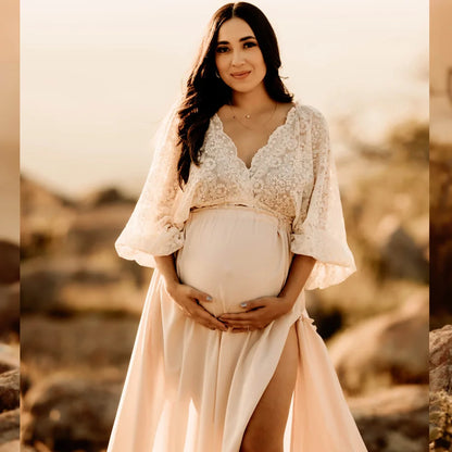 Maternity Dresses For Baby Showers Beige Lace Half Sleeved V-neck Short Top Two-Piece