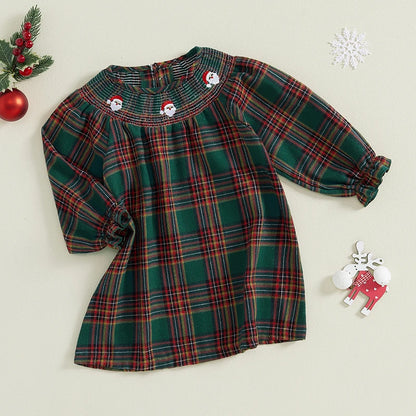 Toddler Girl Christmas Dress Plaid Print Loose Dress Baby Santa Claus Embroidery Dress