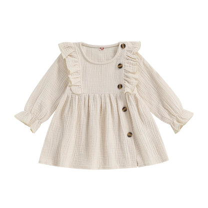 Baby Girl Dress, Crew Neck Buttons Solid Color Ruffled A-line Dress