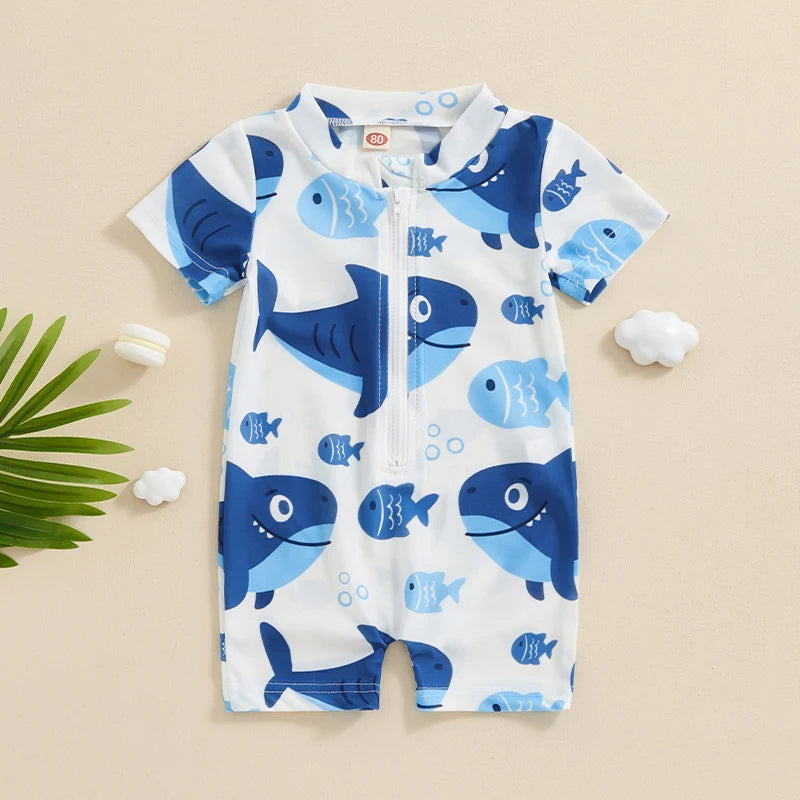 Baby Boy Swimming Costume Cartoon Print Swimwear Short Sleeve Bathing Suit