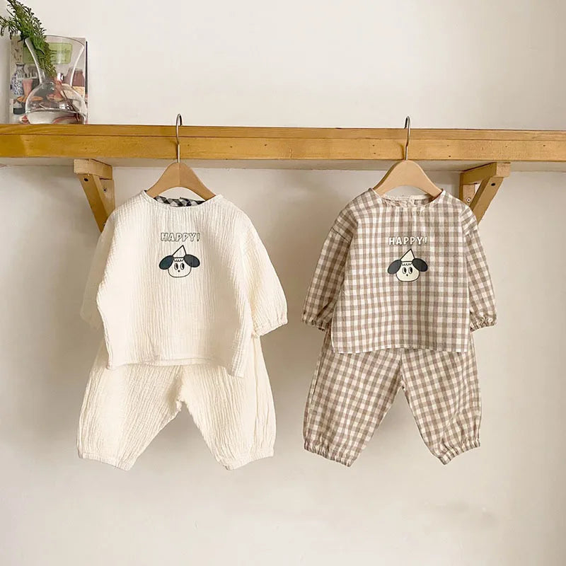 Baby Cotton Linen Clothes Set Plaid Cartoon Casual Tops + Pants 2pcs