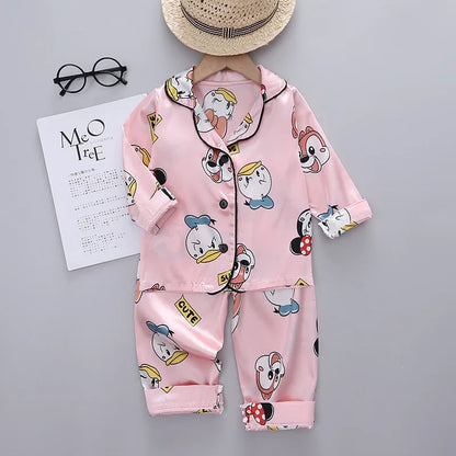 Children Silk Satin Pajamas Set Baby Boys Girls Cartoon Dinosaur Tops Trousers