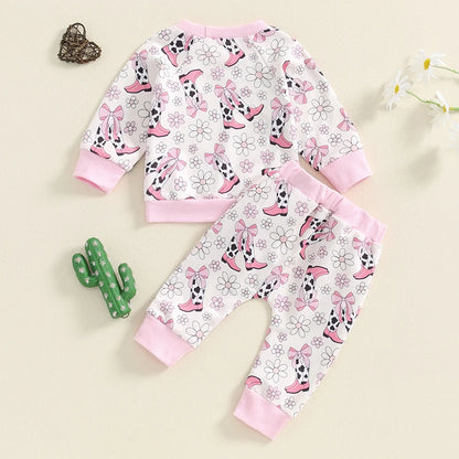 Baby Girls 2Pcs Fall Outfit, Flower Boots Print Sweatshirt with Elastic Waist Sweatpants