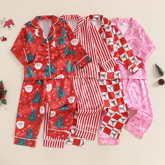 Girls Christmas Satin Pajama Set Santa Claus Print Long Sleeve Button Down Tops Pants