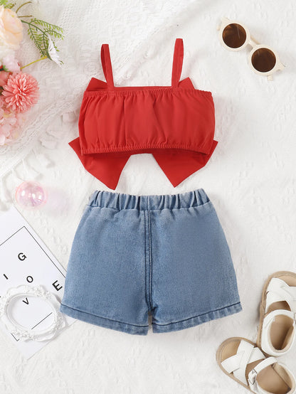 Baby Girls 2Pcs Pure Red Upper Suspender + Embroidered Denim Shorts