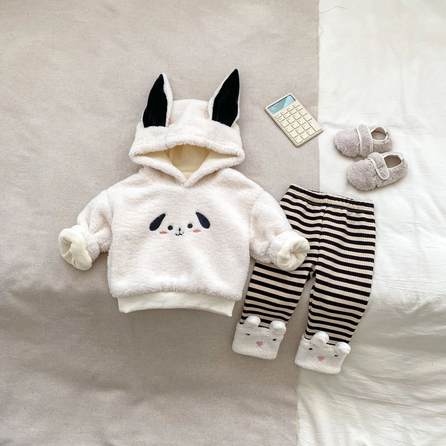 New Baby Girls Thick Warm Set Infant Cute Cartoon Hooded Tops + Striped Pants