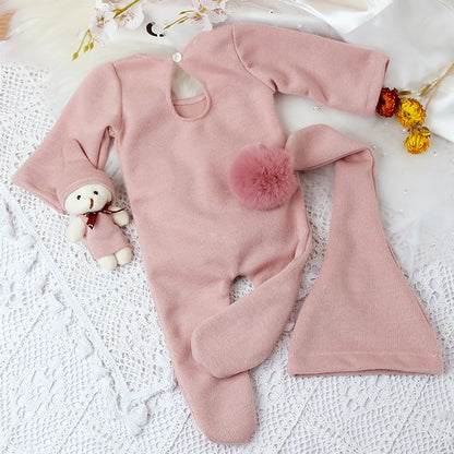 3 Pieces Set Newborn Jumpsuit Tail Pom Hat Set with Mini Doll Pink Baby Photography Outfit New born Girl
