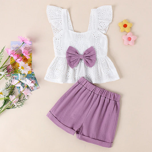 Ruffles Flutter Sleeve Hollow Eyelet Embroidery Camisole Tops Elastic Waist Shorts