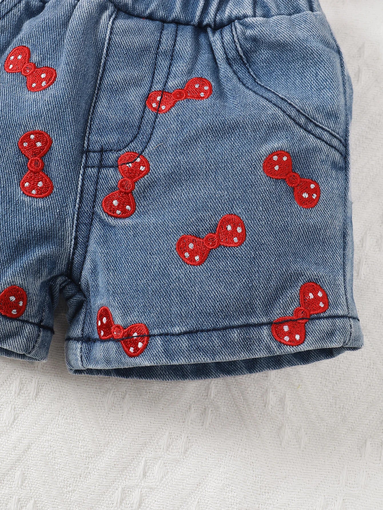 Baby Girls 2Pcs Pure Red Upper Suspender + Embroidered Denim Shorts