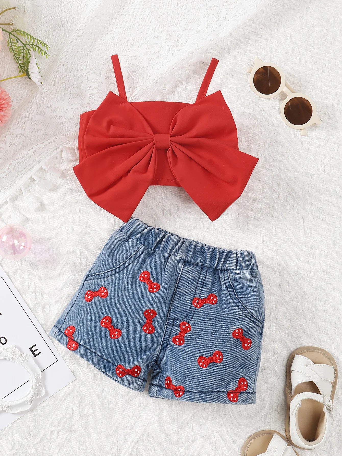 Baby Girls 2Pcs Pure Red Upper Suspender + Embroidered Denim Shorts