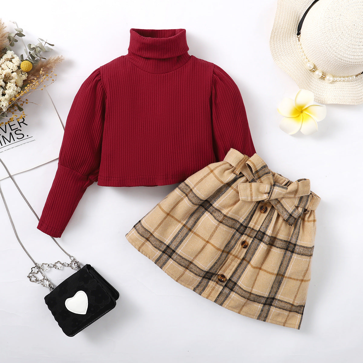 Girls' Autumn And Winter Solid Color Long-sleeved Top Plaid Skirt Two-piece Suit