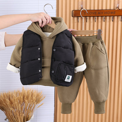 Boys' Suit Autumn Fashionable Fleece-lined Three-piece Set Baby Winter Fashionable Clothing