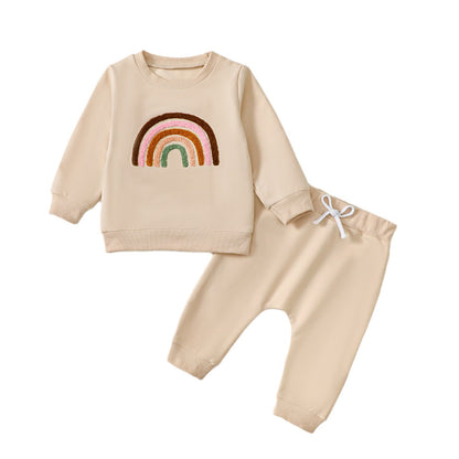 Children's Four-color Towel Embroidery Rainbow Long-sleeved Shirt Fake Drawstring Trousers Two-piece Set