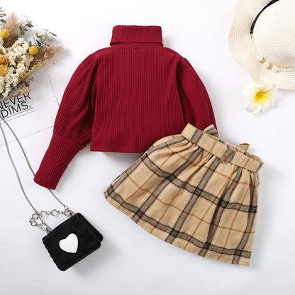 Girls' Autumn And Winter Solid Color Long-sleeved Top Plaid Skirt Two-piece Suit