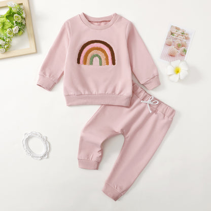 Children's Four-color Towel Embroidery Rainbow Long-sleeved Shirt Fake Drawstring Trousers Two-piece Set